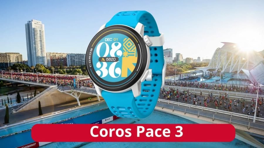 Coros Pace 3 azul claro superpuesto al recorrido del maraton valencia